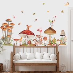 an image of a room with mushrooms on the wall and butterflies flying over it in the air