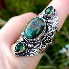 Brand New Handmade Chrysocolla And Peridot Antique Design Silver Statement Ring. Size 9 925 Stamped New To Poshmark? Use Referral Code Kimberlyn222 To Receive $10. Green Chrysocolla Gemstone Ring, Bohemian Green Rings With Gemstone Accents, Bohemian Green Emerald Ring As A Gift, Bohemian Green Emerald Gemstone Ring, Bohemian Green Emerald Ring Gift, Bohemian Green Emerald Ring, Green Bohemian Emerald Ring, Statement Ring Silver, Ring Color