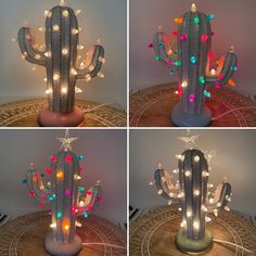 four different shots of a cactus with lights on it