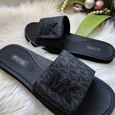 Michael Kors Strappy Slides Sizes 6m 7m 8m 9m 10m 11m Color:Black Textile Upper Textile Flocked Eva Sole Brand New With Out Box Mk Slides, Eva Sole, Michael Kors Shoes, Michael Kors Black, Black Sandals, Women's Shoes Sandals, New Color, Shoes Sandals, Slides