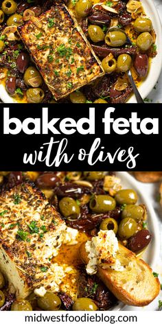 baked feta with olives on a white plate and in the background there is an image of bread, olives, and other food