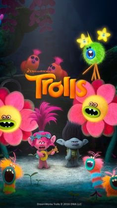 an animated movie poster for the film tols with monsters and flowers in front of them