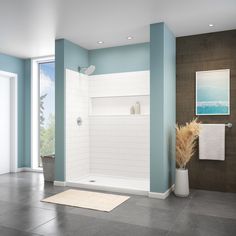 a bathroom with blue walls and tile flooring has a white bathtub next to a large window