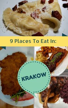 four plates with different types of food and the words, 9 places to eat in