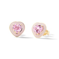 14k yellow gold stud earring enamel heart pink sapphire Alison Lou Luxury Heart Earrings With Gemstones, Elegant Enamel Heart Cut Jewelry, Elegant Heart Cut Enamel Jewelry, Elegant Heart Enamel Earrings For Gift, Elegant Enamel Heart Earrings For Gift, Heart Cut Enamel Jewelry For Gifts, Elegant Heart-shaped Enamel Earrings, Pink Heart-shaped Gemstone Earrings, Pink Heart Gemstone Earrings