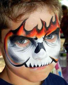 flaming skull  face painting                                                                                                                                                                                 More Skull Face Painting, Halloween Makeup For Kids, Maquillage Halloween Simple, Skull Face Paint, Adult Face Painting, Halloween Face Painting, Halloween Face Paint, Fire Skull