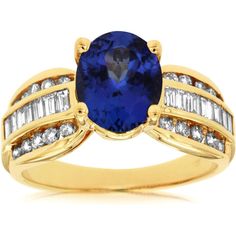 Royal 14K Yellow Gold Tanzanite and Diamond Ring - 2.50 Carat Tanzanite, 1.15 Carat Diamonds Luxury Multi-stone Gold Sapphire Ring, Tanzanite And Diamond Ring, Tanzanite Diamond Ring, Tanzanite Stone, Diamond Birthstone, Tanzanite Diamond, Yellow Gold Jewelry, Royal Jewelry, Oval Diamond