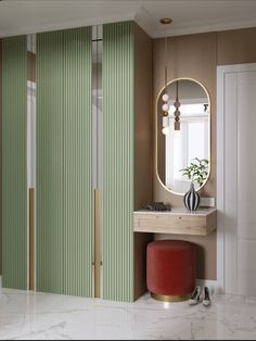 a bathroom with a mirror, vanity and stool next to a wallpapered closet