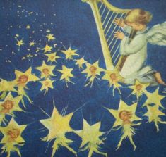 an angel playing the harp surrounded by stars