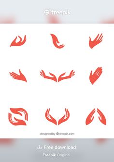 hands with different gestures are shown in this graphic design set, which includes red and white colors