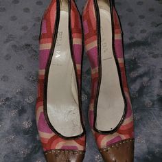 Good Condition Prada Shoes Pink Almond Toe Heels With Branded Insole, Retro Pink Leather Heels, Designer Pink Slip-on Heels, Pink Slip-on Heels With Leather Sole, Size 11 Heels, Prada Shoes, Pink Brown, Shoes Women Heels, Prada