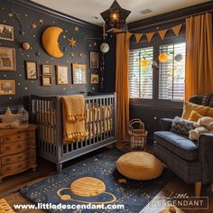 a baby's room decorated in yellow and gray with stars on the wall, moon decorations, and crib