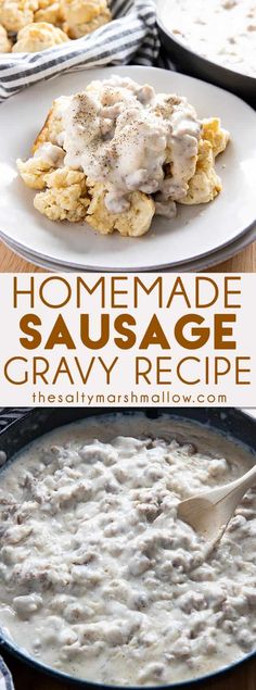 homemade sausage gravy recipe in a skillet and on a plate with a spoon