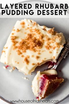 a piece of layered rhubarb pudding dessert on a plate with a fork