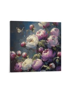 a painting of flowers and a butterfly on a blue background canvas wall art print, ready to hang