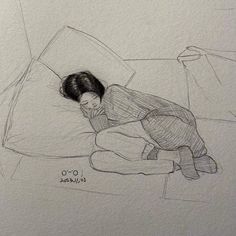 a drawing of a woman laying on a bed with her head resting on the pillow