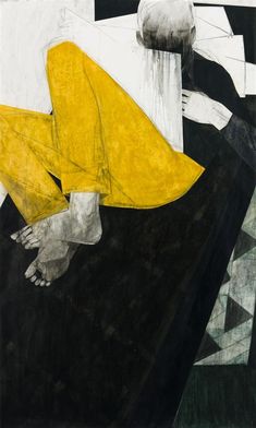 a drawing of a person sitting on a black and white chair with yellow clothes,