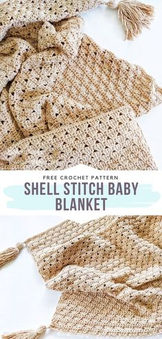 crocheted shell stitch baby blanket with text overlay that reads, free crochet pattern shell stitch baby blanket