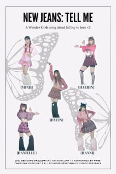 the poster for new jeans tell me, featuring girls in plaid outfits and butterfly wings