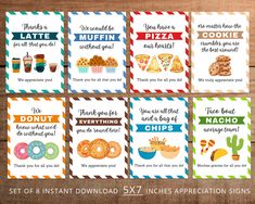 six printable cards with different types of doughnuts and donuts on them