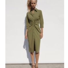 Zara Green Dress, Size Xs, Brand New With Tags. Runs Small Spring Ruched Shirt Dress, Spring Shirt Dress With Ruched Detail, Chic Summer Shirt Dress With Ruched Detail, Elegant Ruched Shirt Dress For Spring, Spring Party Ruched Shirt Dress, Zara Midi-length Shirt Dress, Zara Green Casual Shirt Dress, Casual Green Zara Shirt Dress, Zara Casual Green Shirt Dress