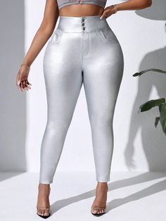 Plus Size Skinny High Waist Pants Sexy Party Outfit For Thanksgiving, Christmas Silver    Coated Fabric Plain Skinny Medium Stretch  Women Plus Clothing, size features are:Bust: ,Length: ,Sleeve Length: High Waist Solid Color Club Pants, Solid High Waist Pants For Club, Fitted High Waist Bottoms For Party, Fitted High Waist Bottoms For Party Season, High Waist Holiday Party Bottoms, Stretch Bottoms For Club And Party Season, High Stretch Party Leggings For Winter, Holiday Glamorous Stretch Bottoms, Glamorous Stretch Holiday Bottoms