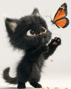 a small black kitten standing on its hind legs with a butterfly on it's back