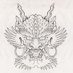 a drawing of a dragon head with wings