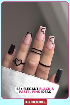 "Medium almond gel nails with pastel pink base and delicate black line art, featuring a small heart, perfect for a minimalist style. Keyword: black and pastel nails." Pastel Pink And Black Nails, Pink And Black Nail Art, Pink And Black Nail Designs, Pastel Pink Nail Designs, Pastel Pink Nails, Almond Gel Nails, Black Nail Art, Pink Nail Art, Black Nail Designs