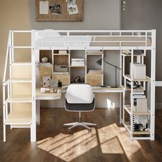 a white loft bed with desk and shelves in the corner next to an office chair