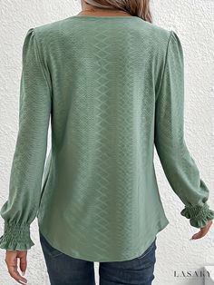 Lasaky - Stylish Womens Plus Size T-Shirt with Jacquard Design and Lantern Sleeves, featuring Square Neck and Pleated details for Casual Elegance. Elegant Long Sleeve Textured Tops, Casual Textured Long Sleeve Blouse, Plus Size Top, Lantern Sleeves, Casual Elegance, Plus Size T Shirts, Square Neck, Types Of Printing, Knitted Fabric