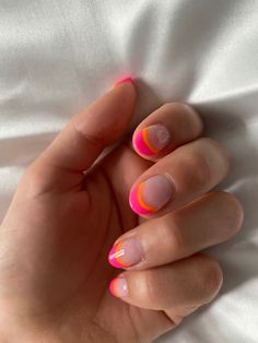 Pink And Orange French Tip Nails Short, Pink And Orange Tips Nails, Pink French Tip Nails With Orange Line, Colorful Gel French Tips, Pink French Tips With Orange Line, Summer Nails French Tip Pink, Round Colored French Tip Nails, Vacation Nails Round, Hot Pink And Orange Nails French Tip