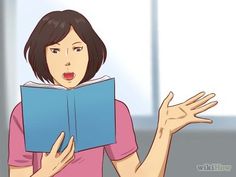 a woman is reading a book while holding her hands out in front of her face