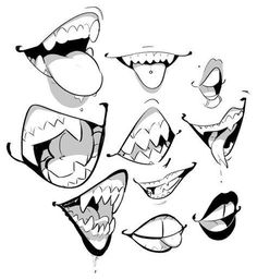 an assortment of cartoon mouths drawn in black and white