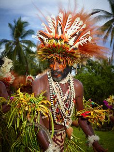 a man in an elaborate headdress with feathers and flowers on his face is walking through the grass