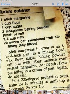 a piece of paper that has some type of recipe on it with instructions for baking