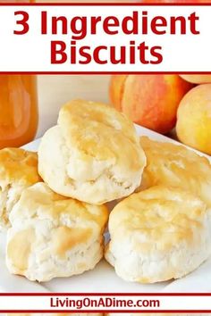 three biscuits on a white plate with apples in the background and text that reads 3 ingredient biscuits