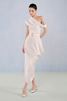 Crafted from a luxurious silk blend, its unique diagonal neckline and ankle length design will make a statement at any event. Be the epitome of sophistication and elegance in this exclusive dress. Asymmetrical One-shoulder Satin Dress For Gala, Pre-draped One Shoulder Maxi Dress For Party, Elegant Asymmetrical Evening Dress, Formal Pre-draped One Shoulder Dress, Silk One Shoulder Evening Dress, Silk One-shoulder Dress For Evening, Silk One Shoulder Dress For Evening, Elegant Draped Satin One Shoulder Dress, Pre-draped One Shoulder Evening Dress For Party