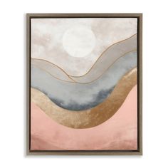 an abstract painting with pink, grey and gold colors on the bottom half of it