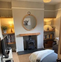 Shelves In Fireplace Alcove, Dresser In Alcove, Shelves Fireplace Wall, Fireplace Alcove Shelving, Small Alcove Ideas Living Room, Shelves In Alcoves, Living Room Alcove Shelves, Alcove Ideas Living Room Small Spaces, Shelves In Alcove Living Room