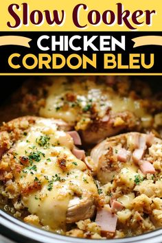 slow cooker chicken cordon bleu recipe in a crock pot with text overlay