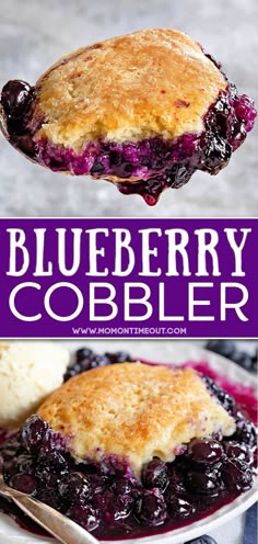 blueberry cobbler on a plate with ice cream in the background and text overlay that reads, blueberry cobbler