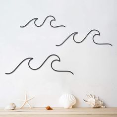 three sea shells and one starfish are on the shelf in front of a white wall