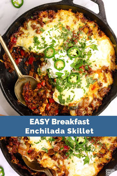 an easy breakfast enchilada skillet in a cast iron skillet