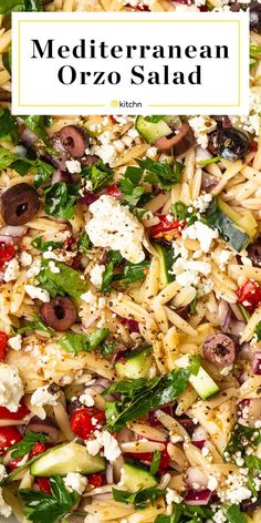 a close up of a plate of food with text overlay that reads mediterranean orzo salad