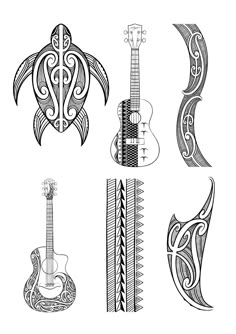 four different types of guitars with designs on them