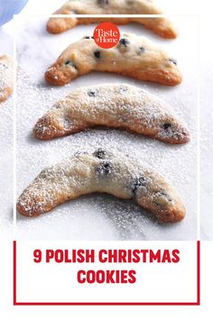 9 polish christmas cookies with chocolate chips and powdered sugar