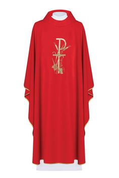 Embroidered chasuble with decorative embroidery - red (H9). Chasuble, made of high-quality plain fabric, decorated with rich embroidery with the symbol of the Cross. All finished with gold satin trim. - Turtleneck collar finish, carom version available by particular order. - Inner stole included. - Vestment length 130 cm (51.2 inches) Fabric: 100% PE. It is manufactured in Poland. Liturgical Colours, Sign Of The Cross, Mosaic Crosses, Gold Satin, Cross Patterns, Clothing Items, Poland, Quality Fabric, Tunic Tops