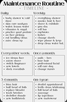 Simple Hygiene Routine, Beauty Schedule Calendar, Beauty Maintenance Schedule, Hygiene Motivation, Hygiene Schedule, Beauty Maintenance Routine, Beauty Maintenance, Habits To Improve Your Life, Maintenance Routine