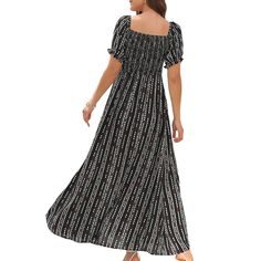 Black Vertical Striped Print Split Off Shoulder Maxi Dress Black A-line Maxi Dress For Beach, Black Square-neck Midi Dress For Beach, Black A-line Maxi Dress For The Beach, Black A-line Midi Dress For Vacation, Black Square Neck Dress For Vacation, Off Shoulder Maxi Dress, Vertical Stripes, Women Dresses, Maxi Dresses